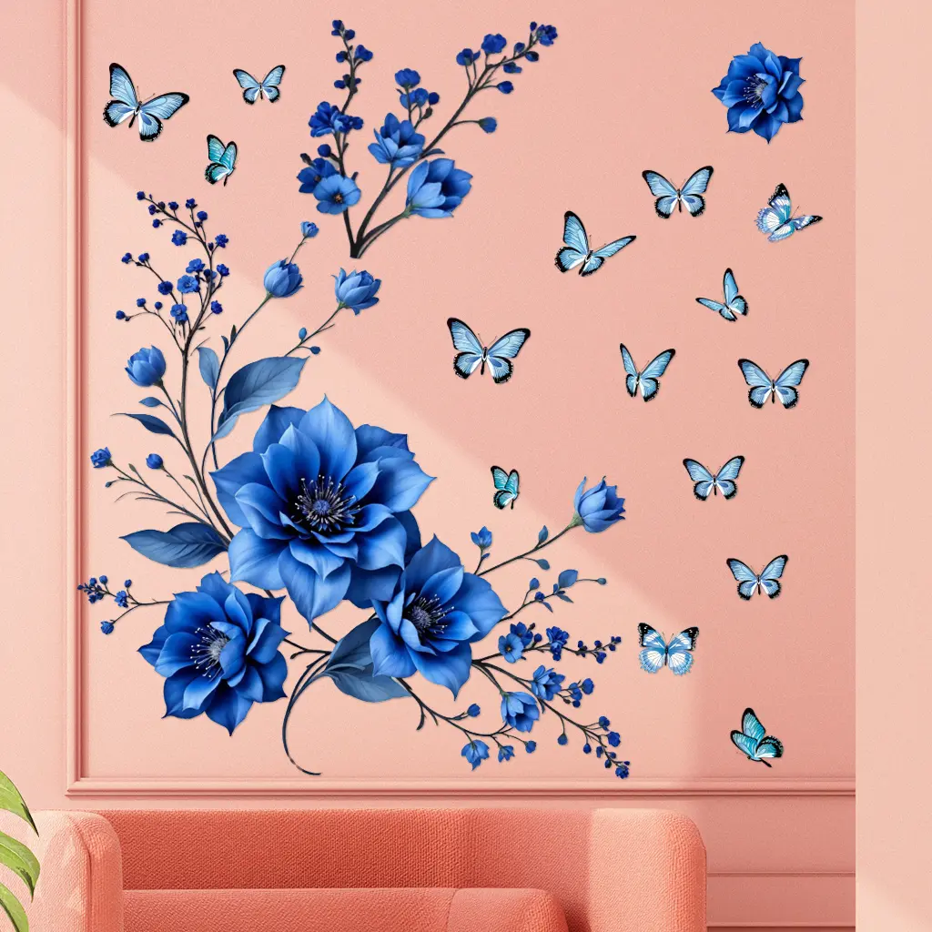 1 set of beautiful blue butterfly wall stickers - gradient floral decoration - self-adhesive waterproof removable creative stickers for living room and bedroom Waterproof Wall Decals Flower Wall Stickers