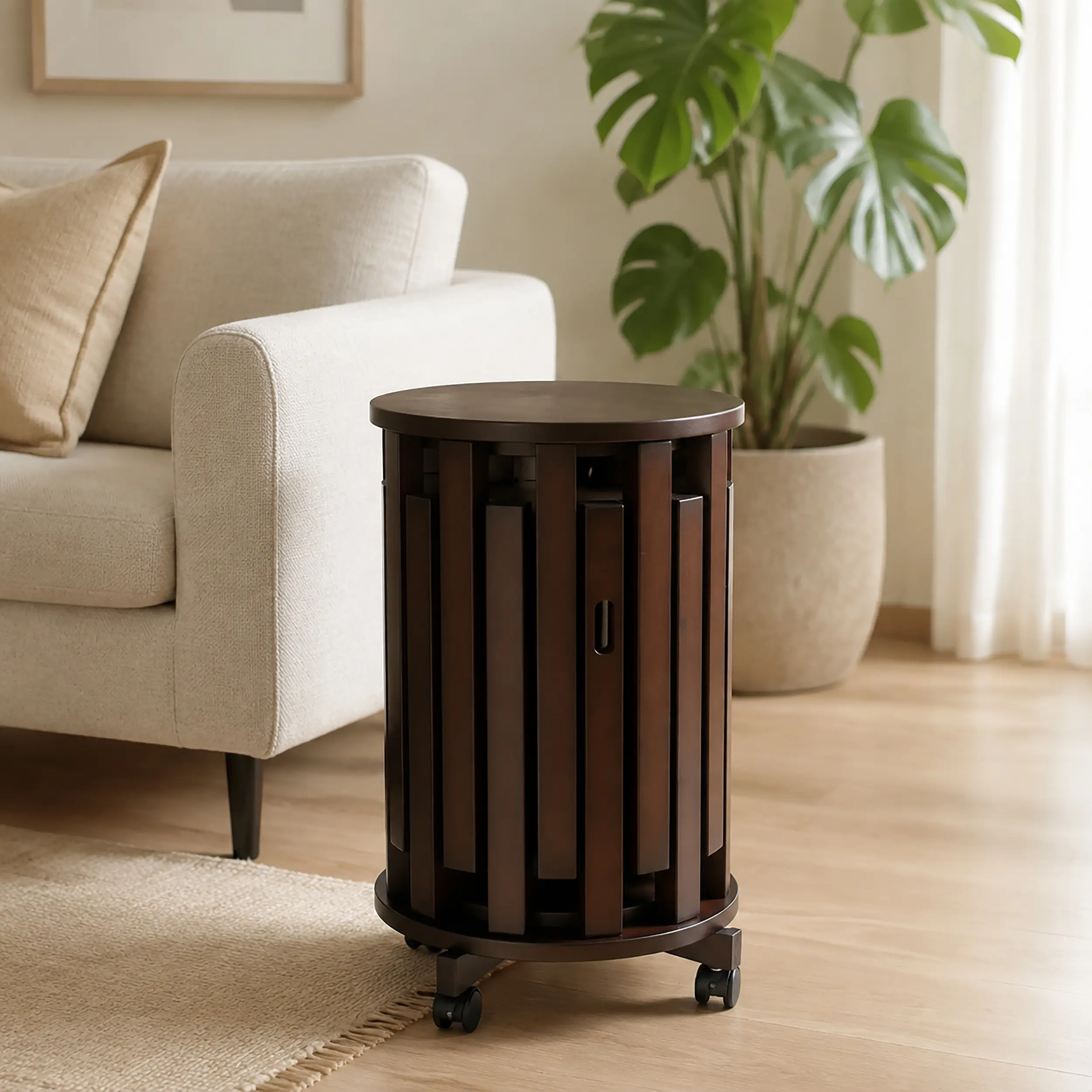 Stackable Stools Set of 6, Bamboo Nesting Stools with Rolling Storage Base, Walnut Finish, 16.5-Inch Height, Space-Saving Seating for Dining Room, Living Room, Small Apartments