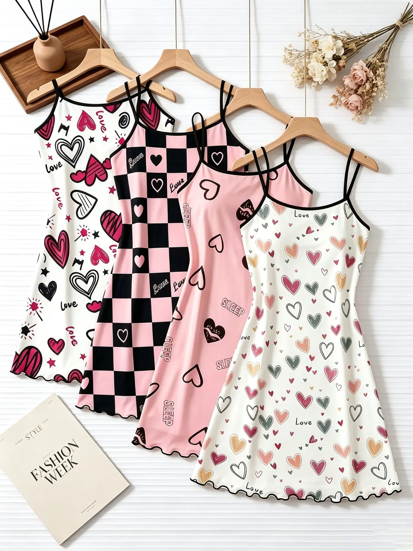 4 Pack Y2K Coquette Grunge Aesthetic Women's Sleepwear Love Heart Checkerboard Graffiti Print Summer Sleeveless Spaghetti Strap Ruffle Hem Ultra Buttery Soft Slip Dress Sweet Edgy Comfy Breathable Casual Nightgown for Daily Wear