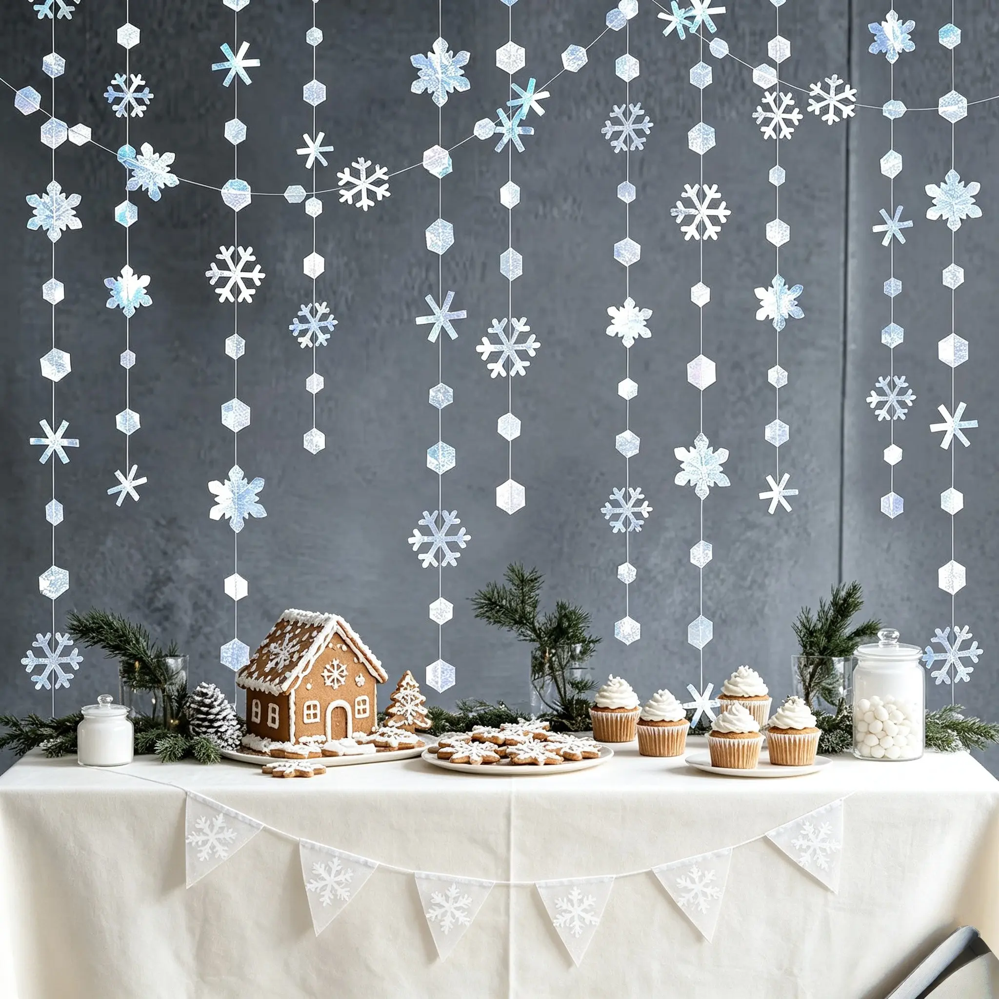 4Pcs Holographic Snowflake Garland 13FT Iridescent Hexagon Paper Streamers for Winter Frozen Christmas Party, Window Ceiling Hanging Decor & Festive Swag
