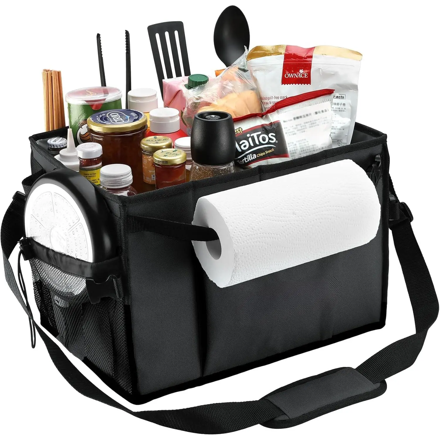 Large Grill and Picnic Caddy with Paper Towel Holder, Condiment Pocket, Foldable BBQ Organizer Easy Carry Griddle Caddy for Camping, RV, Outdoor Waterproof Oxford Cloth (Black)