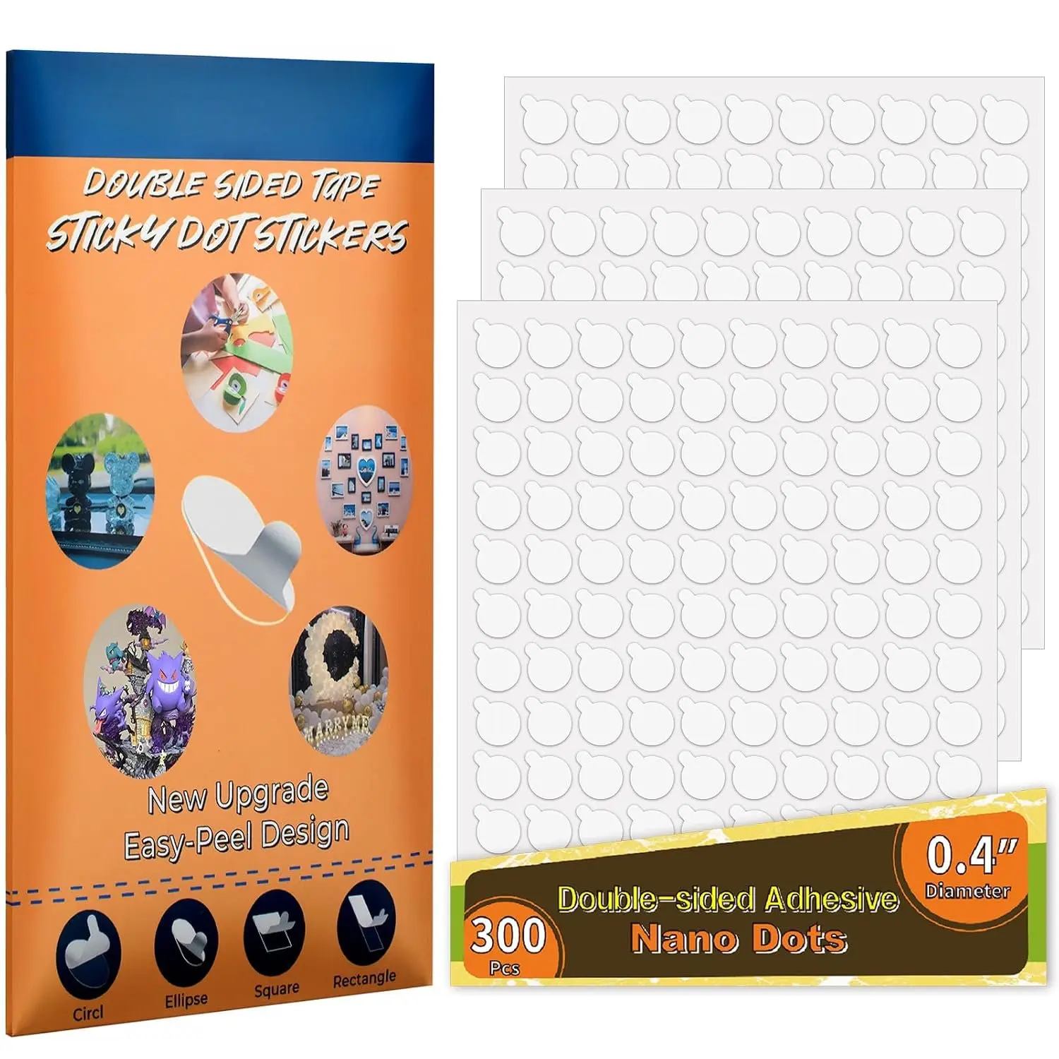 300 count Double Sided Adhesive Dots, Removable Clear Dots Sticky Tack,  No Trace Dots Adhesive Putty for Wall  Crafts, Balloons Party Decorations Poster Picture Festival Decoration 10mm