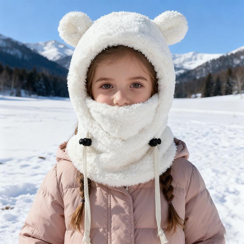 Winter Cute Ear Warm Balaclava with Hood - Lightweight Windproof Face Mask for Outdoor Skiing & Cycling, Thickened Polyester, Adjustable Drawstring, Machine Washable