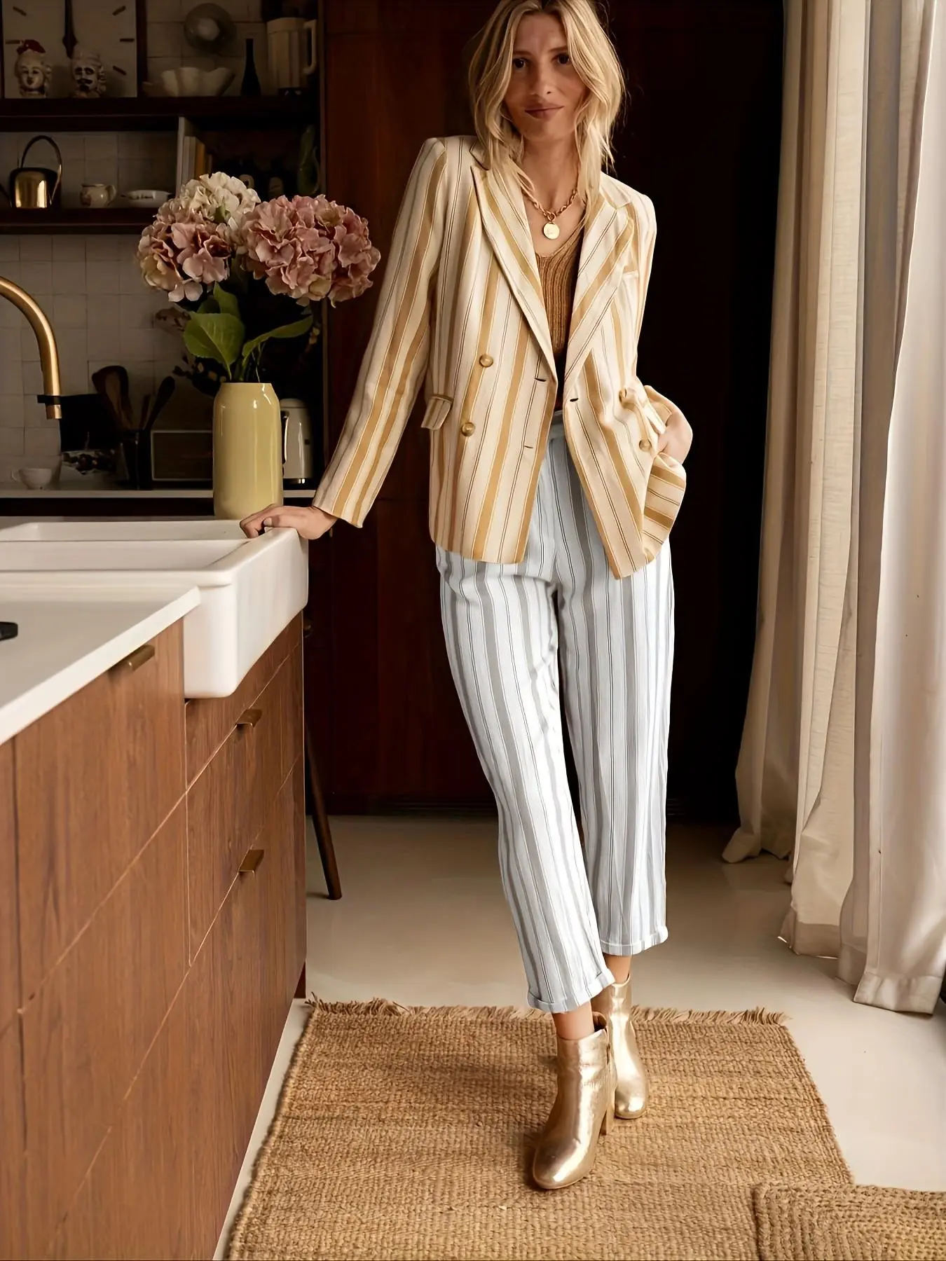 Women's Vintage Vertical Striped Blazer, Double Button Notch Lapel Long Sleeve Summer Office Suit, Elegant Chic Business Outerwear