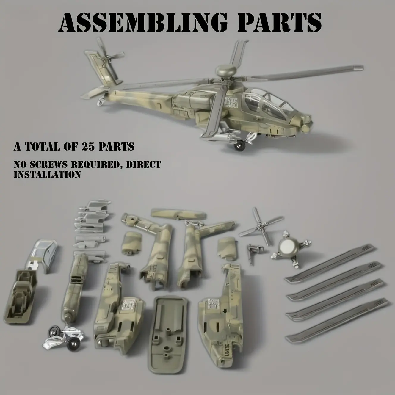 1:72 Scale Ah64 Helicopter Model Kit, Durable Plastic, Desktop Decor, Office Desk Ornament, Perfect Gift for Collectors and Aviation Enthusiasts