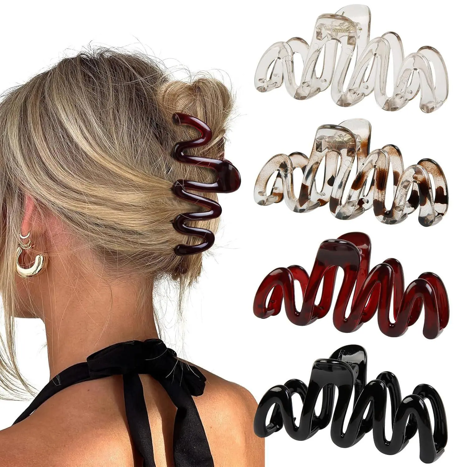 4 Pack Large Squiggly Wavy Zigzag Hair Claw Clips for Thick Hair, Aesthetic Hollow Wave Jaw Clamps Non Slip Strong Hold Women Daily Hair Accessories