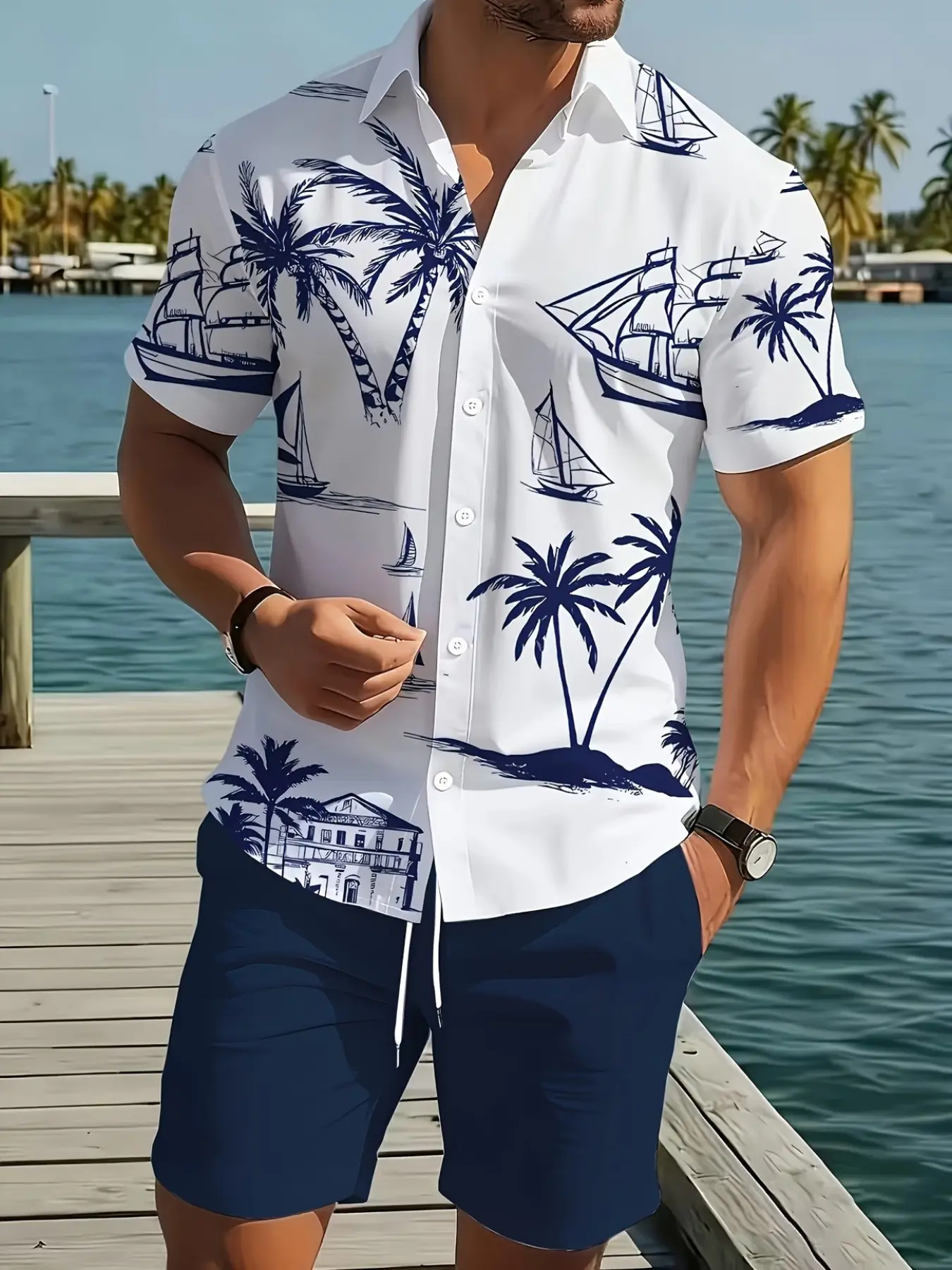 Men's Summer Casual Shirt Set, Tropical Coconut Tree Print, Short Sleeve Hawaiian Shirt, Drawstring Shorts with Pockets, All Seasons