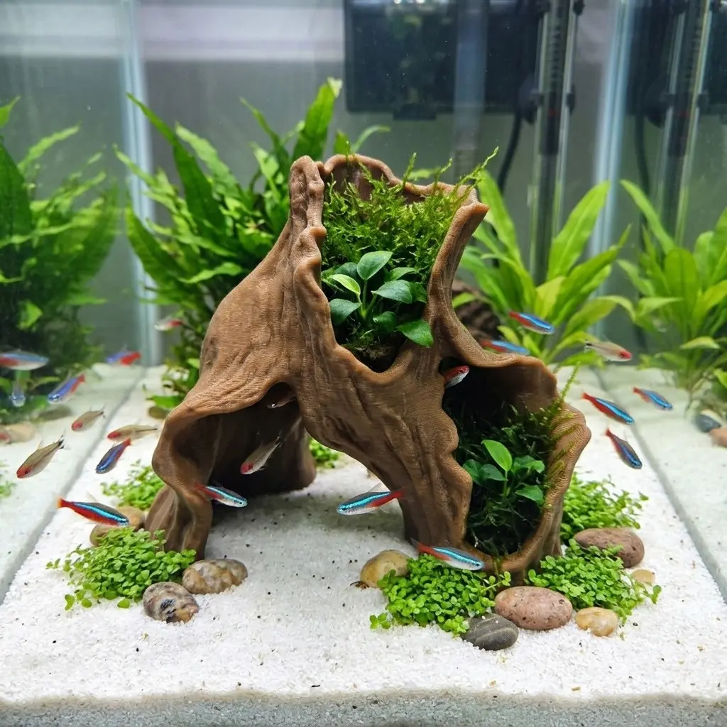10cm Realistic Tree Bark Texture Hydroponic Plant Decor, Fish Hideout Aquarium Ornament, 3D Printed Creative Aquatic Theme Sculpture, Aquarium Decorations, Fish Tank Decorations