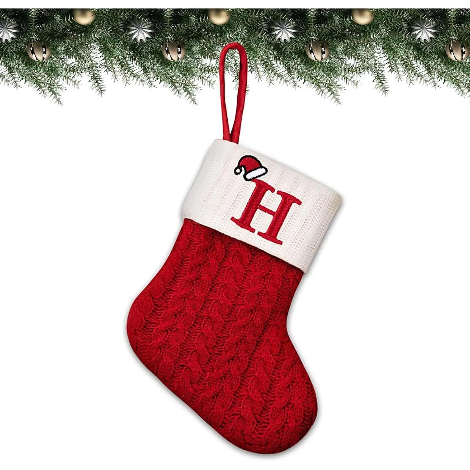 Christmas Stockings Personalized Initial Letters A-Z  Knit - Individual Monogram Knitted Xmas Stocking Embroidered Red White Family Holiday Fireplace Mantel  (H)