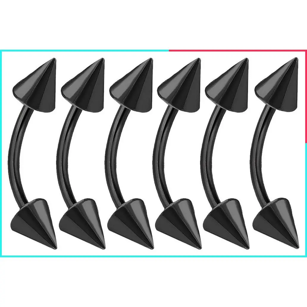 6pcs 16g Black Curved Barbell Earrings for Cartilage, Lip, Tragus, Eyebrow, Forward Helix, Conch, Daith Piercing - Vertical Labret Spike