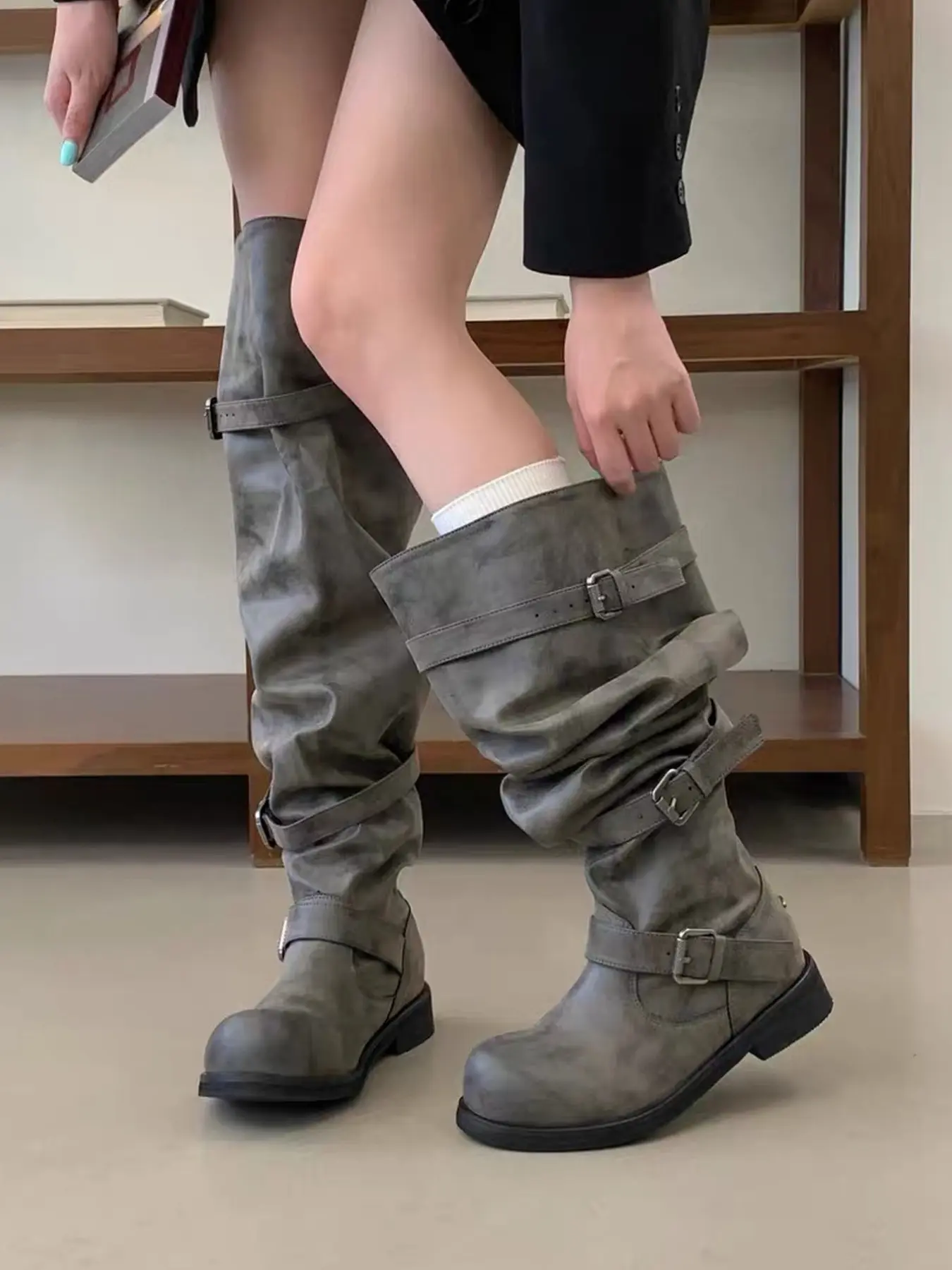 2026 New Arrival Vintage Slouch Knee High Boots, Distressed Faux Suede Adjustable Buckle Booties, Block Heeled Boots, Wrinkle Foldable Wide Calf Shaft Low Block Heel, Retro Non Slip Riding Footwear, Versatile Women Outdoor Daily Stack Boots