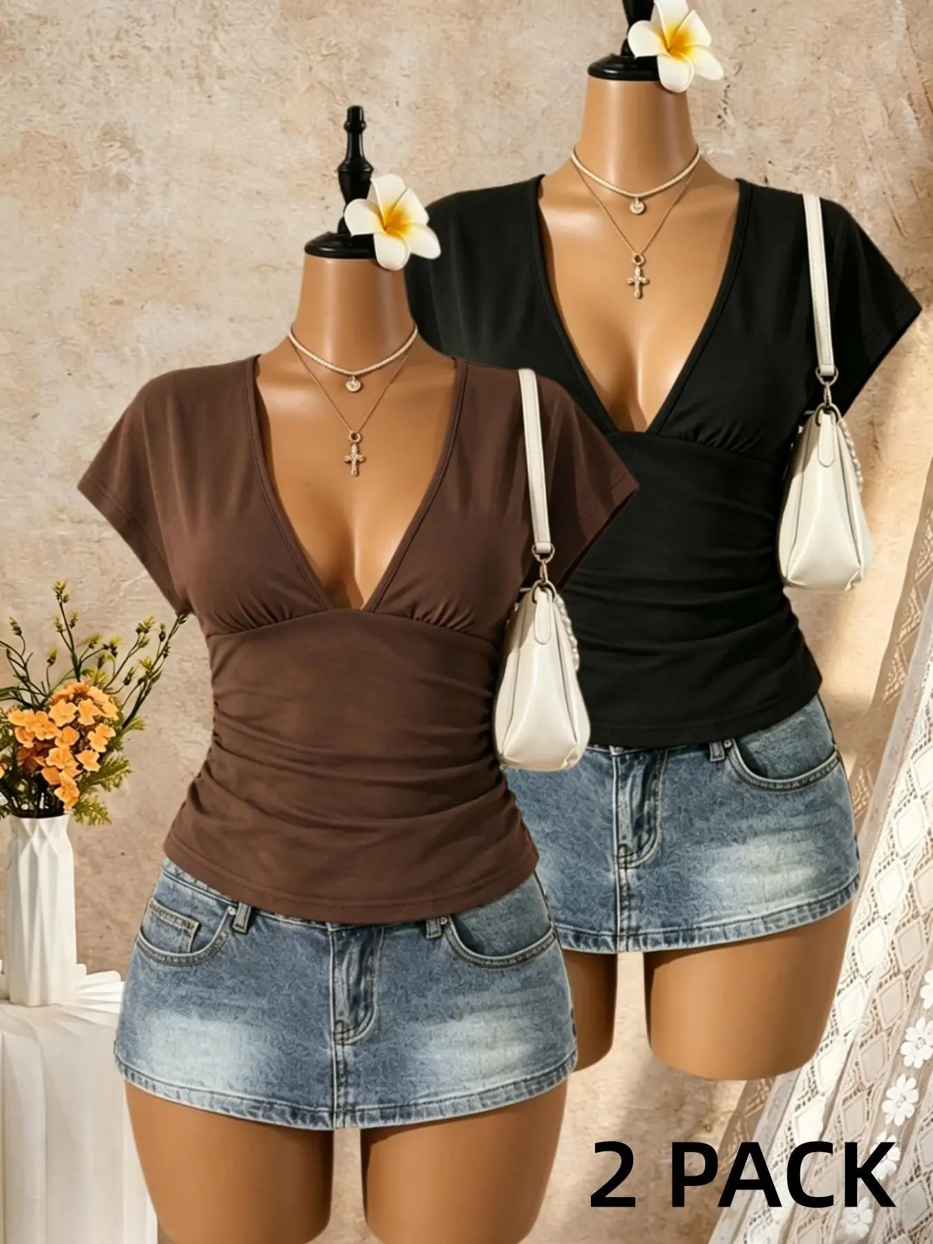 Women's 2-Pack Deep V-Neck Short Sleeve T-Shirts, Casual Pleated Slim Fit Top, Summer Solid Color Basic Home Wear Everyday