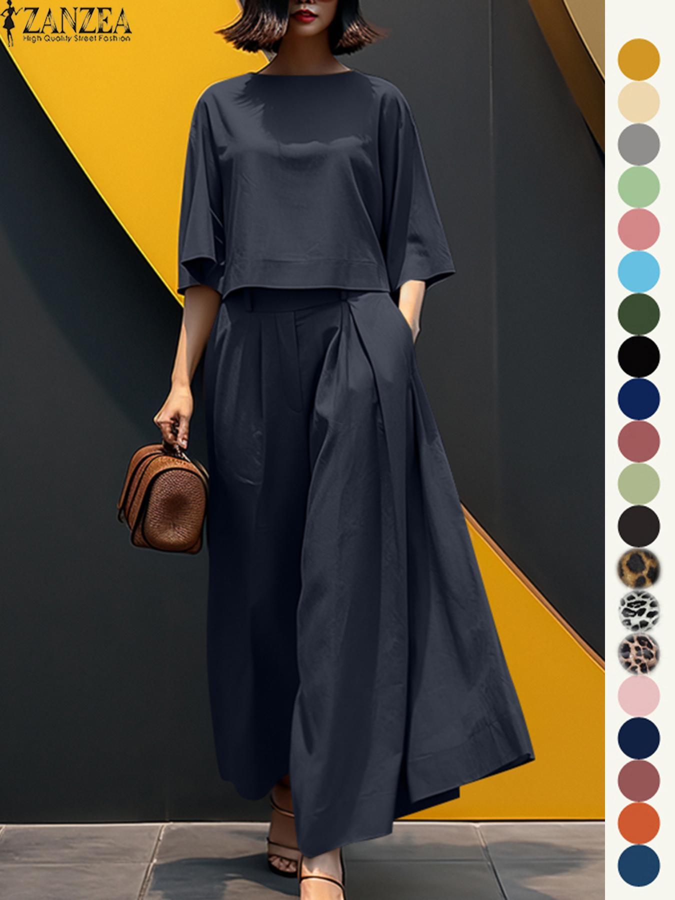 Women's Top & Wide Leg Pants Two-piece Set, Casual Fashion Minimalist Cozy Three Quarter Length Sleeve Top & Trousers for Daily Outdoor Wear, Ladies Clothes for All Seasons, Womenswear Women's Top & Wide Leg Pants Two-piece Set, Casual Fashion Minimalist Cozy Three Quarter Length Sleeve Top & Trousers for Daily Outdoor Wear, Ladies Clothes for All Seasons, Womenswear