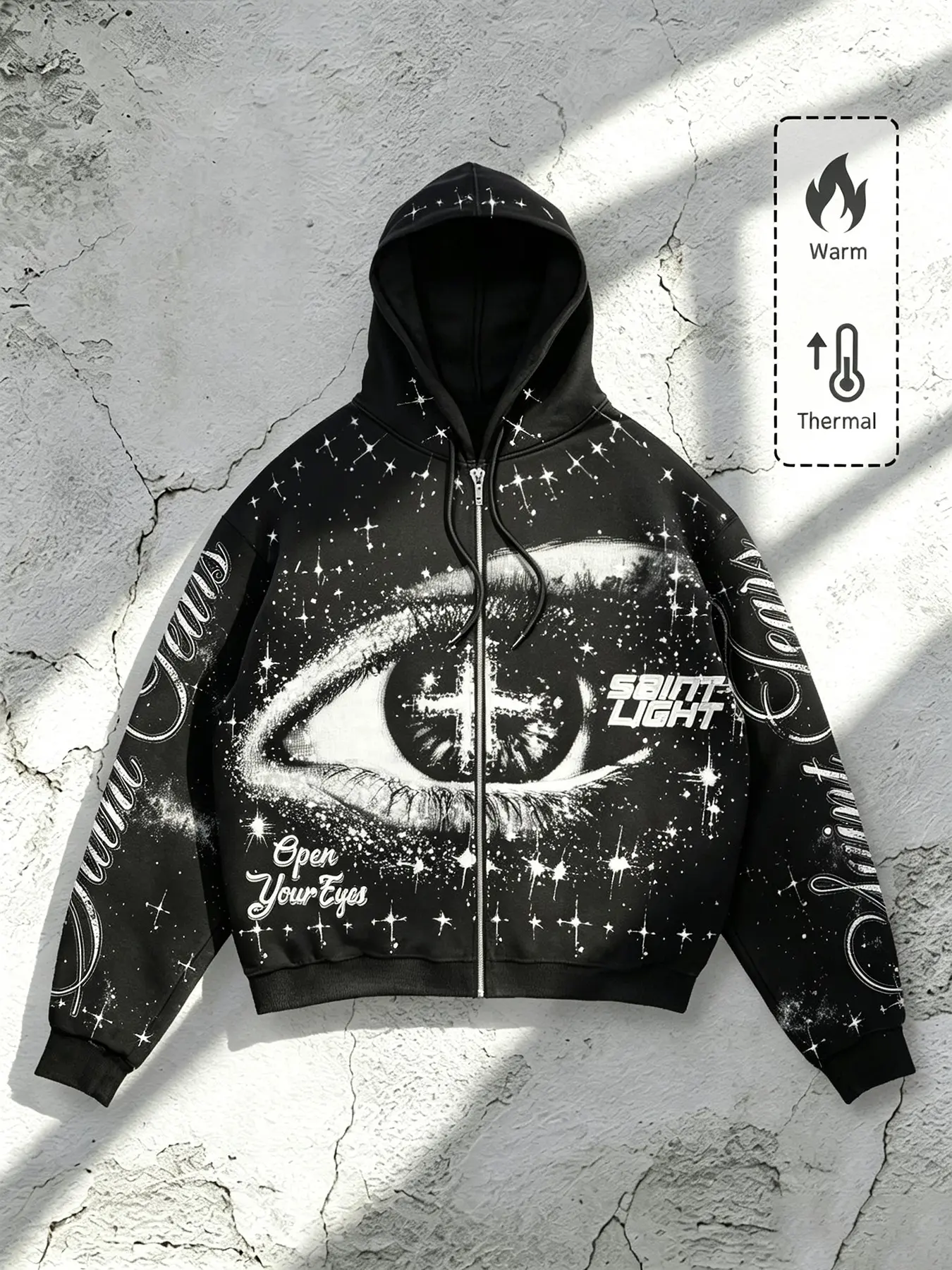 American Star Cross All-Over Print Zip-Up Hoodie, Long Sleeve Loose-Fit Sweatshirt, Casual Street Style, Fall & Winter Warm Jacket