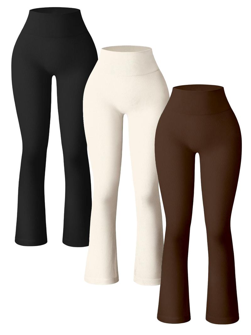 Sporty Women's 3pcs Solid Color High Waist Flare Leg Sports Leggings, High Stretch Seamless Bell Bottom Tight-Fitting Yoga Leggings, Ladies Sportswear for Indoor Outdoor Wear, Gym Workout Leggings