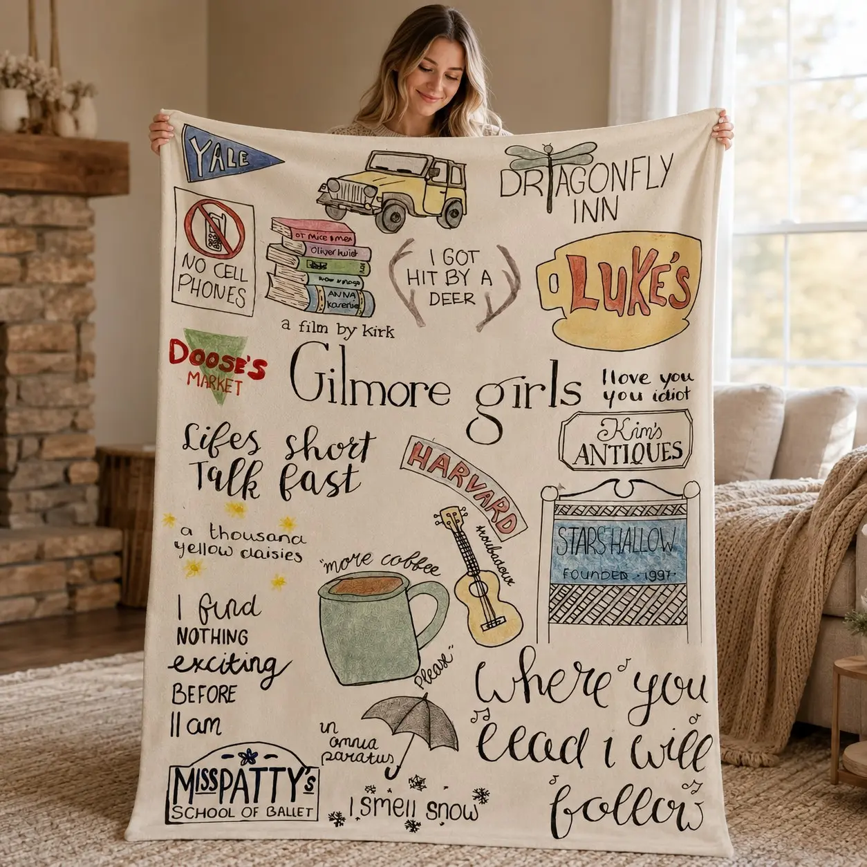 Gilmore Girls Vintage Doodle Collage Print Flannel Material Blanket, Cozy Throw for Bedroom, Reading, and Home Decor, Soft and Stylish
