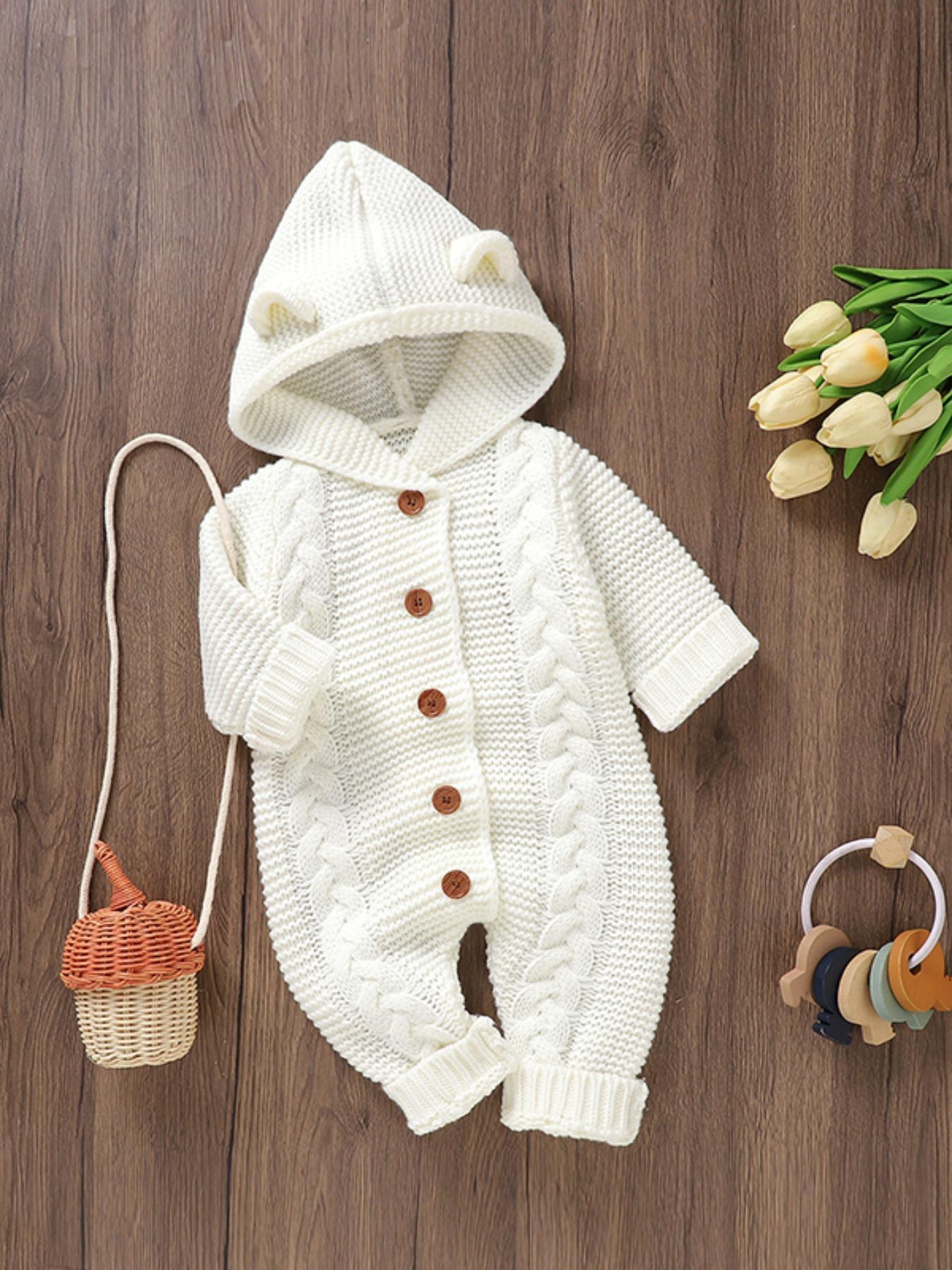 Baby's Solid Cable Knit Button-Front Hooded Sweater Jumpsuit, Cute Casual Long Sleeve Jumper Onesies for Newborn and Infant, Baby Clothing for Daily Wear