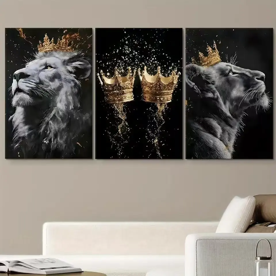 3pcs Noble Lion King Crown Frameless Hanging Painting Modern Minimalist Animal Art Canvas Oil Painting Living Room Home Decoration Prints