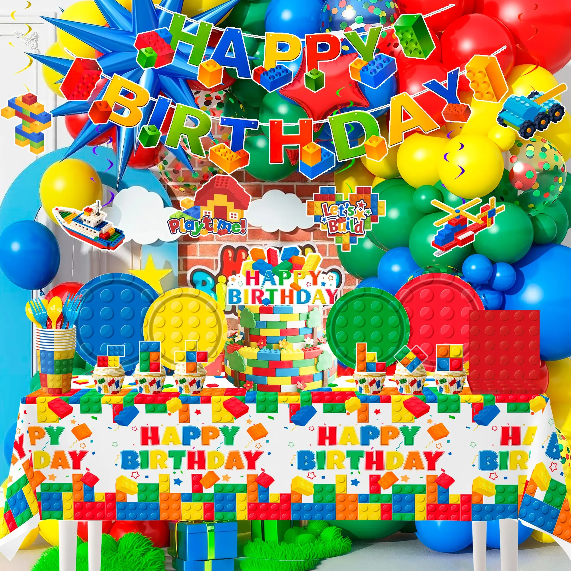 Block Birthday Decoration Set, 174 Pieces Block Party Supplies, Includes Blocks, Paper Plates, Tablecloth, Banner, Balloon Backdrop, Cake Decorations