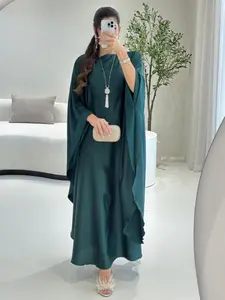 Arabic Clothing-Solid Color Basic Chic Style Woven Boat Neck Tunic Dress Piece, Casual Wear Long Sleeve Batwing Sleeve Dress for Women, Women's Clothing for All Seasons, Womenswear