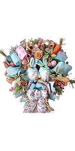 16 Inch Easter Mesh Deco Bunny Wreath with Eggs and Carrots for Front Door, Spring Pink and Blue Ribbon Easter Wreath for Spring, Rustic and Farmhouse Ribbon for Home Decor