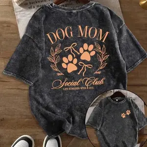 Dog Mom Social Club Vintage Washed T-Shirt, Dog Paw Print Retro Tee, Heavyweight Cotton Oversized Crew Neck Top for Dog Lovers