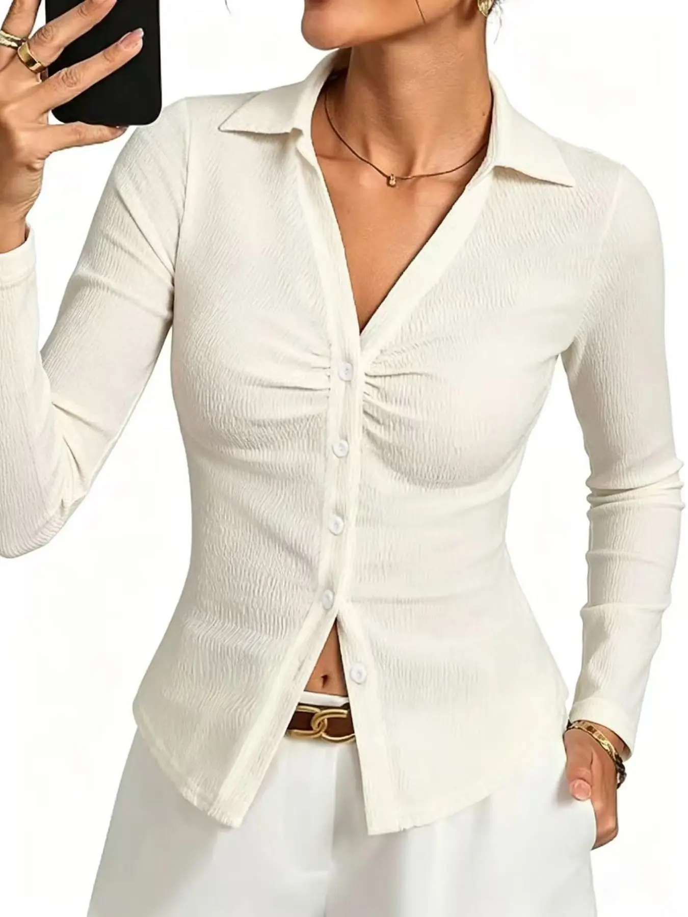 Fitted Button Shirt, Long Sleeve V-Neck Design, Chest Pleat Details, Stylish Women's Top, Perfect for Casual Wear