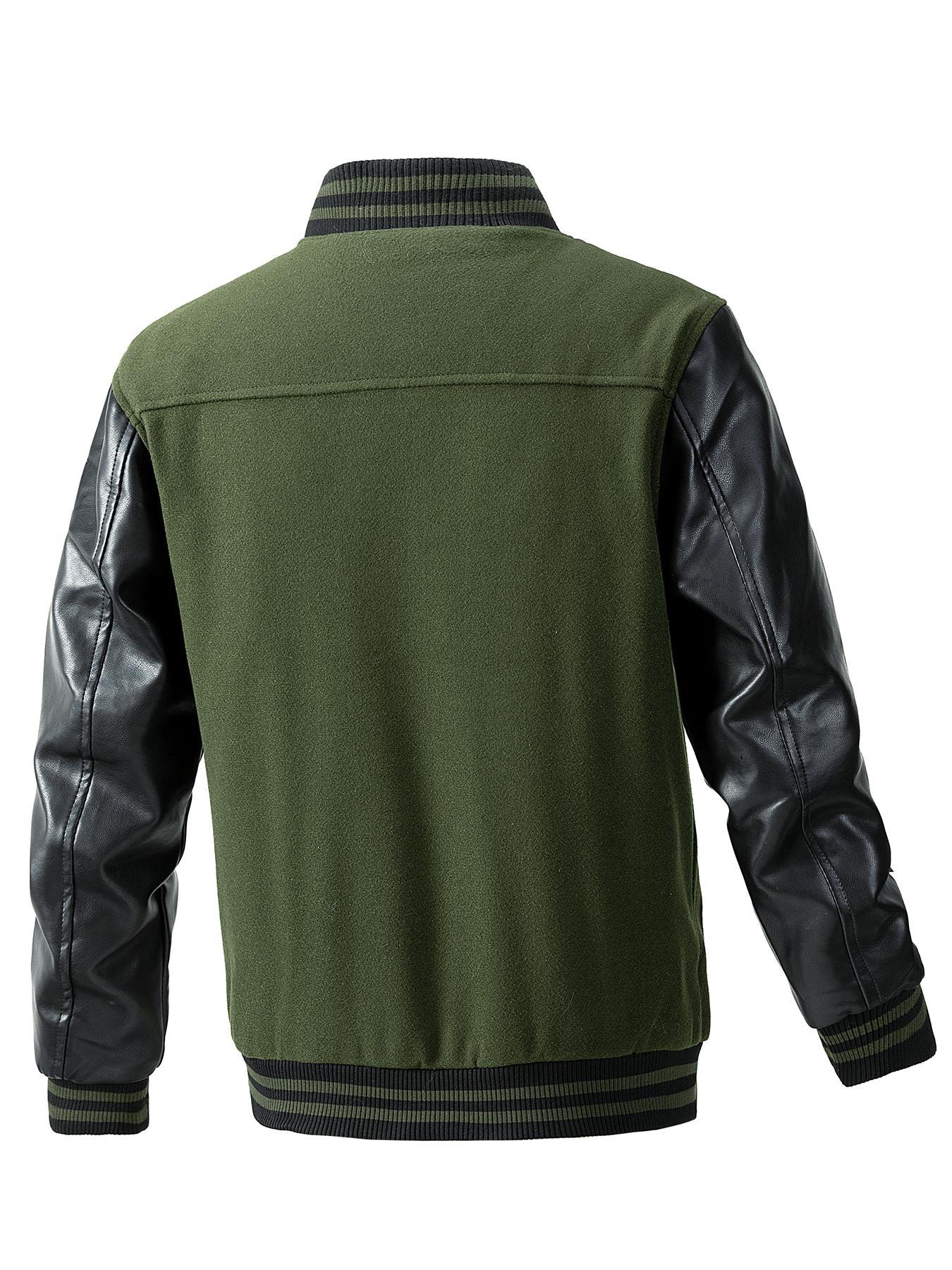 Men's Letter Embroidery Pocket PU Leather Baseball Jacket, Loose Preppy Casual Aesthetic Style Long Sleeve Button Front Outerwear for Fall & Winter, Men's Clothes for Daily Wear