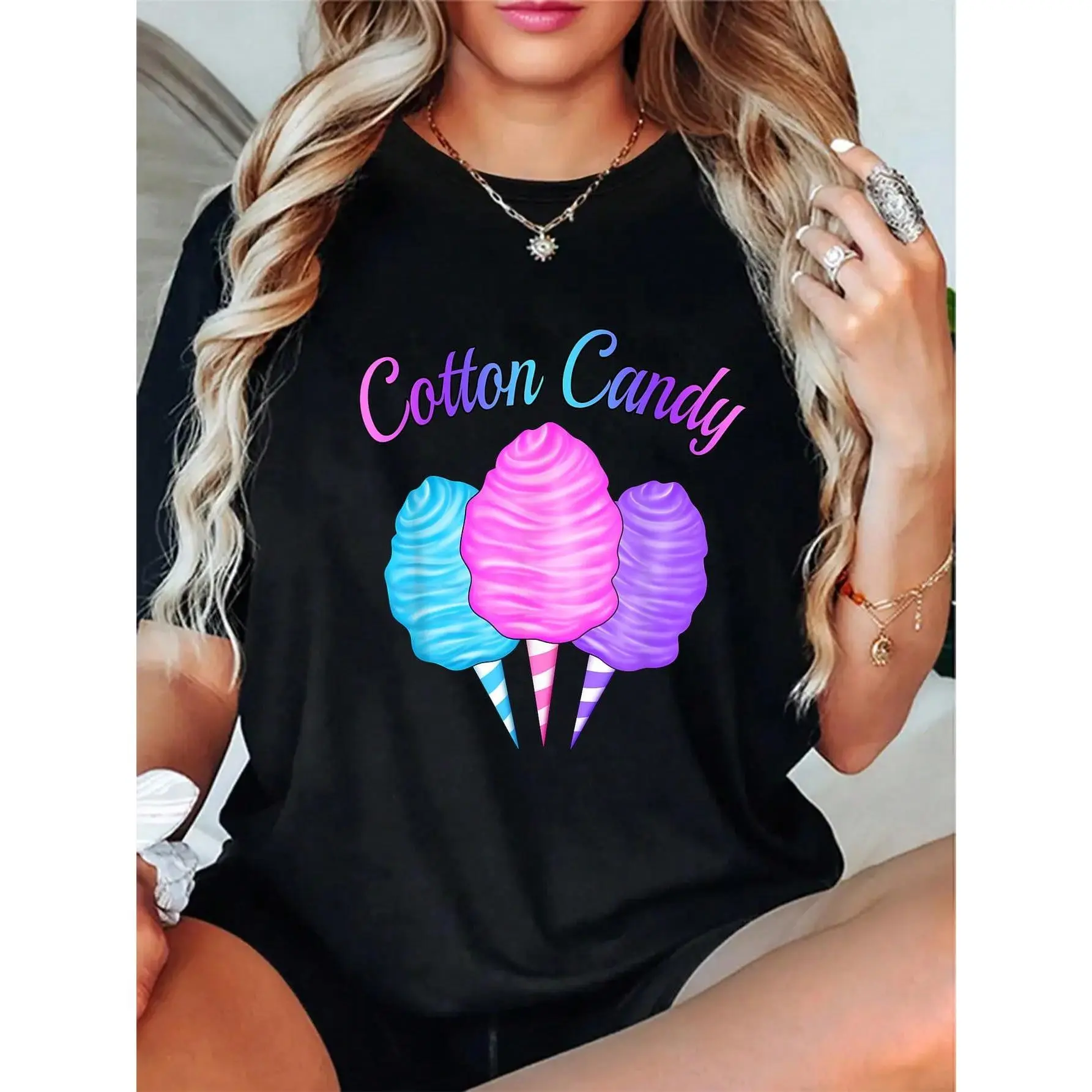 Women Cotton Candy Graphic T‑Shirt, Colorful Pink Blue Purple Cotton Candy Print Short Sleeve Tee, Sweet Festival Carnival Casual Crew Neck Top