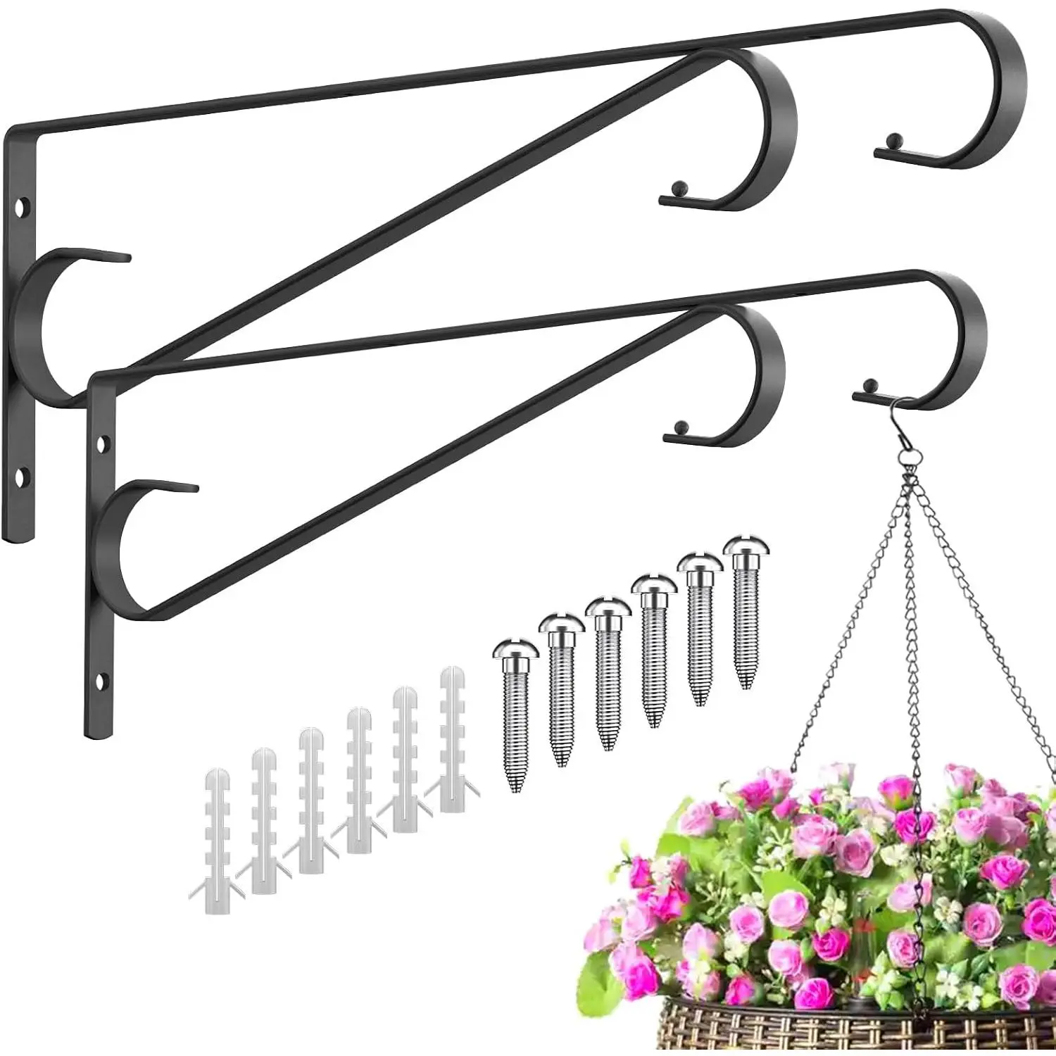 Heavy Duty Iron Wall Mount Hangers (2-Pack, 15.5 in Black) - Wall Hooks for Planters, Bird Feeders, Outdoor Home Improvement & Garden Supplies