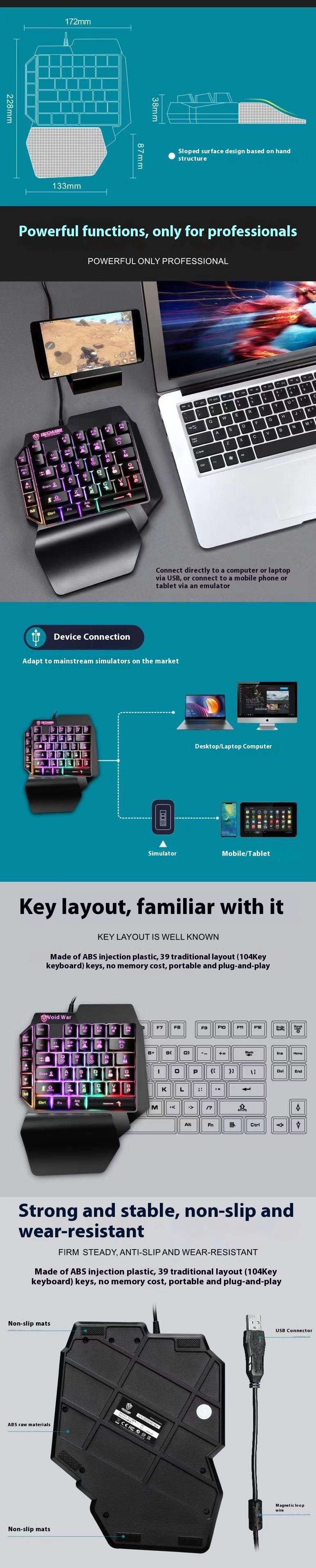 ZRTF F6 Single Mobile Phone Glowing Gaming Keyboard,Supports for Android System, PUBG Keyboard Connect to Mobile Phone King of Glory Left Hand Keyboard  for Android not ios