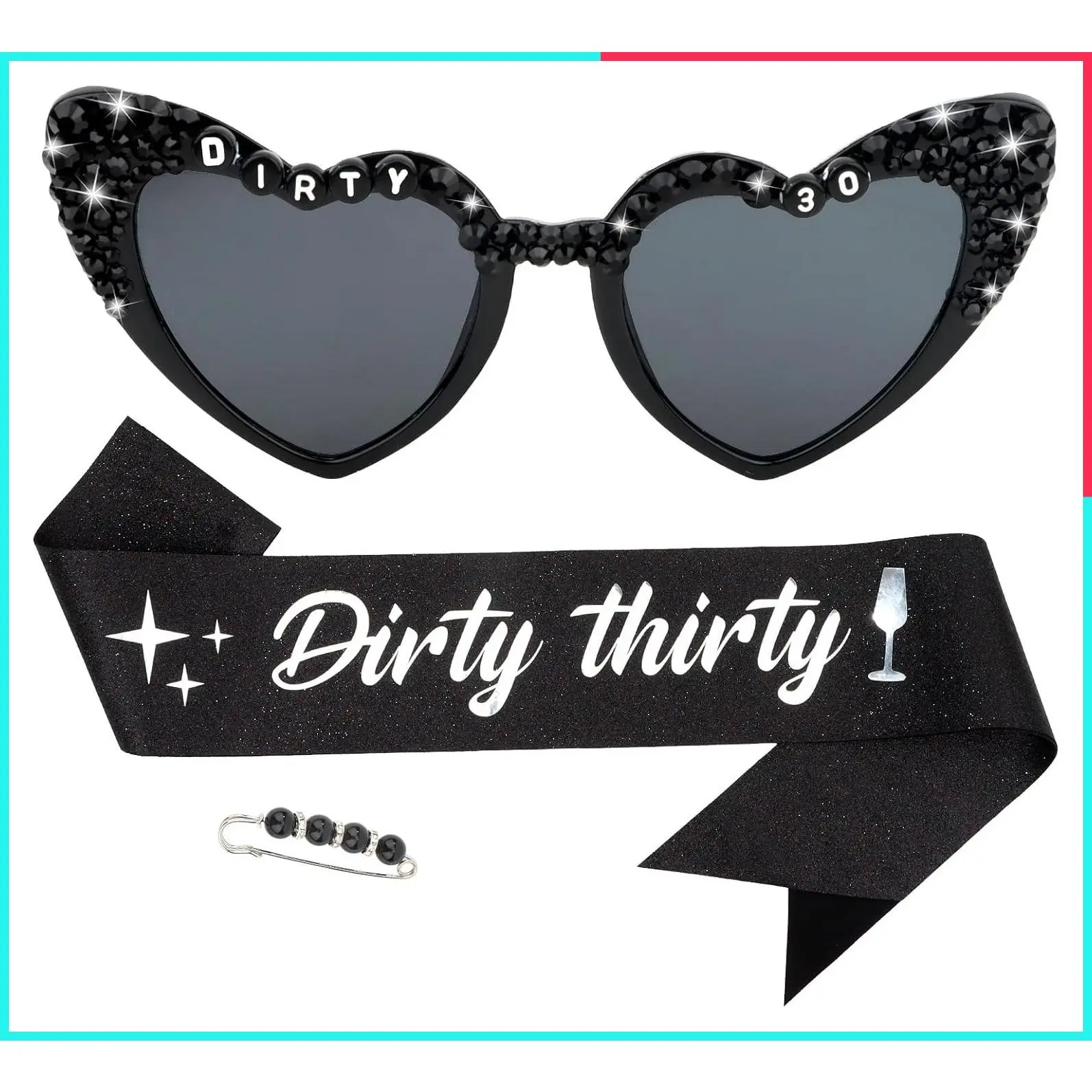 Dirty Thirty Birthday Sash & Sunglasses Set for Women - 30th Birthday Decorations, Black Glasses, Party Favors & Supplies