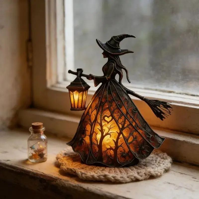 3D Witch Table Lamp - Halloween Night Light with Warm Ambient Glow for Bedroom, Office Desk, Shelf Display and Seasonal Home Decor
