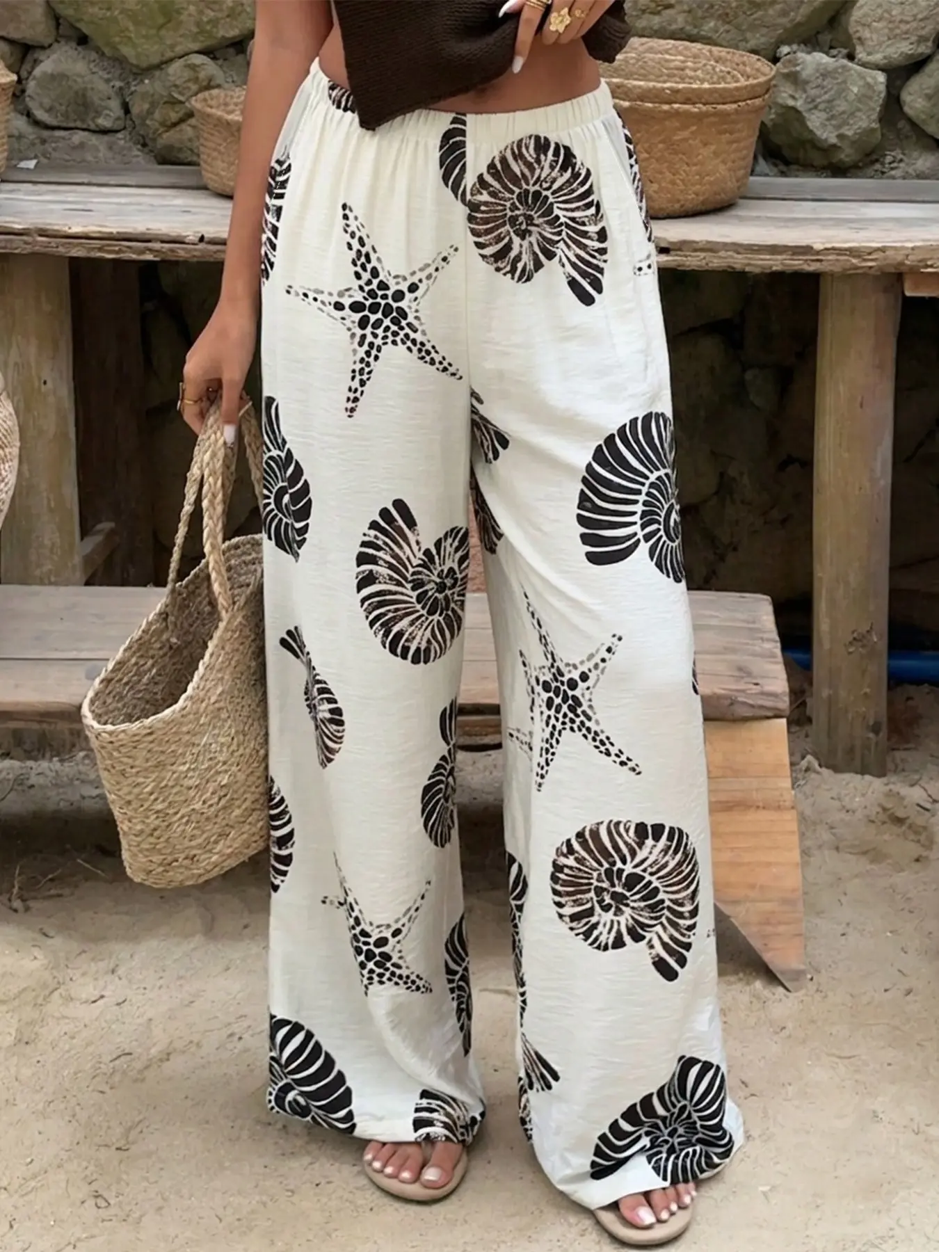 Women's Starfish And Conch Print Wide Leg Pants, High Waist Elastic Loose Baggy Casual Trousers, Ideal For Summer Beach Vacation And Daily Wear, Casual Summer Bottoms