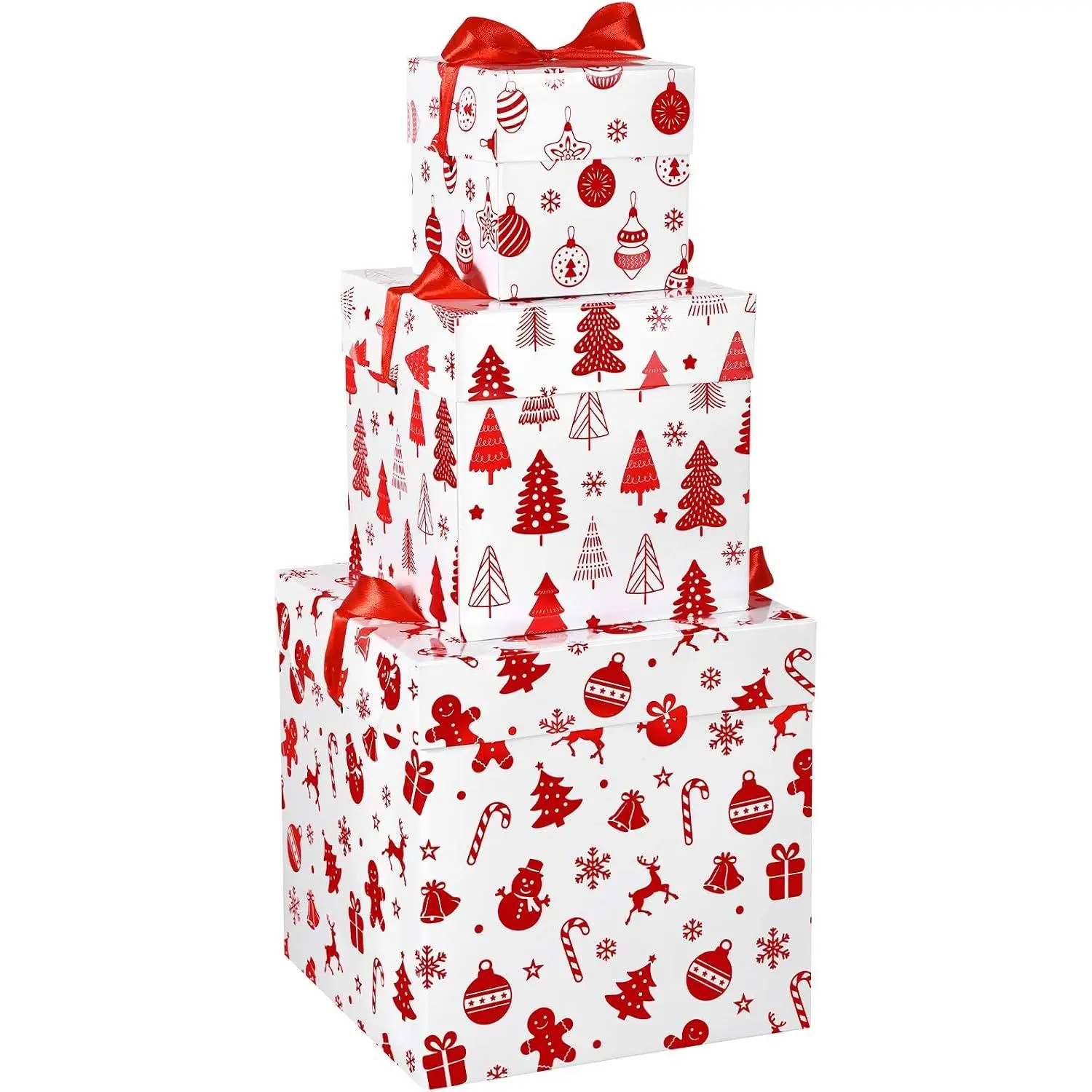 3 count Christmas Stackable Nesting  Boxes Decorative Boxes with  for Present Wrapping Xmas  Year Holiday Party Xmas Tree Decor(Classic,White,Red)