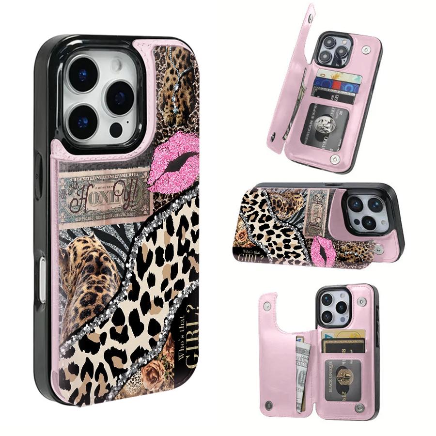 TPU iPhone 16 Case - Christmas-Themed Soft Cover with Hyperrealism Animal Print, Phone Aesthetic Pink Leopard Lip Design, Card Slots for Bank & Transit Cards, Retro Bag-Style Protective Mobile Accessory