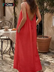 Summer Women's Long Dress, Fashion Solid Color Strapless Sleeveless Back Tie Loose Elegant Vacation Dress, Comfortable Dual Pockets, Wear-Anywhere Sleepwear