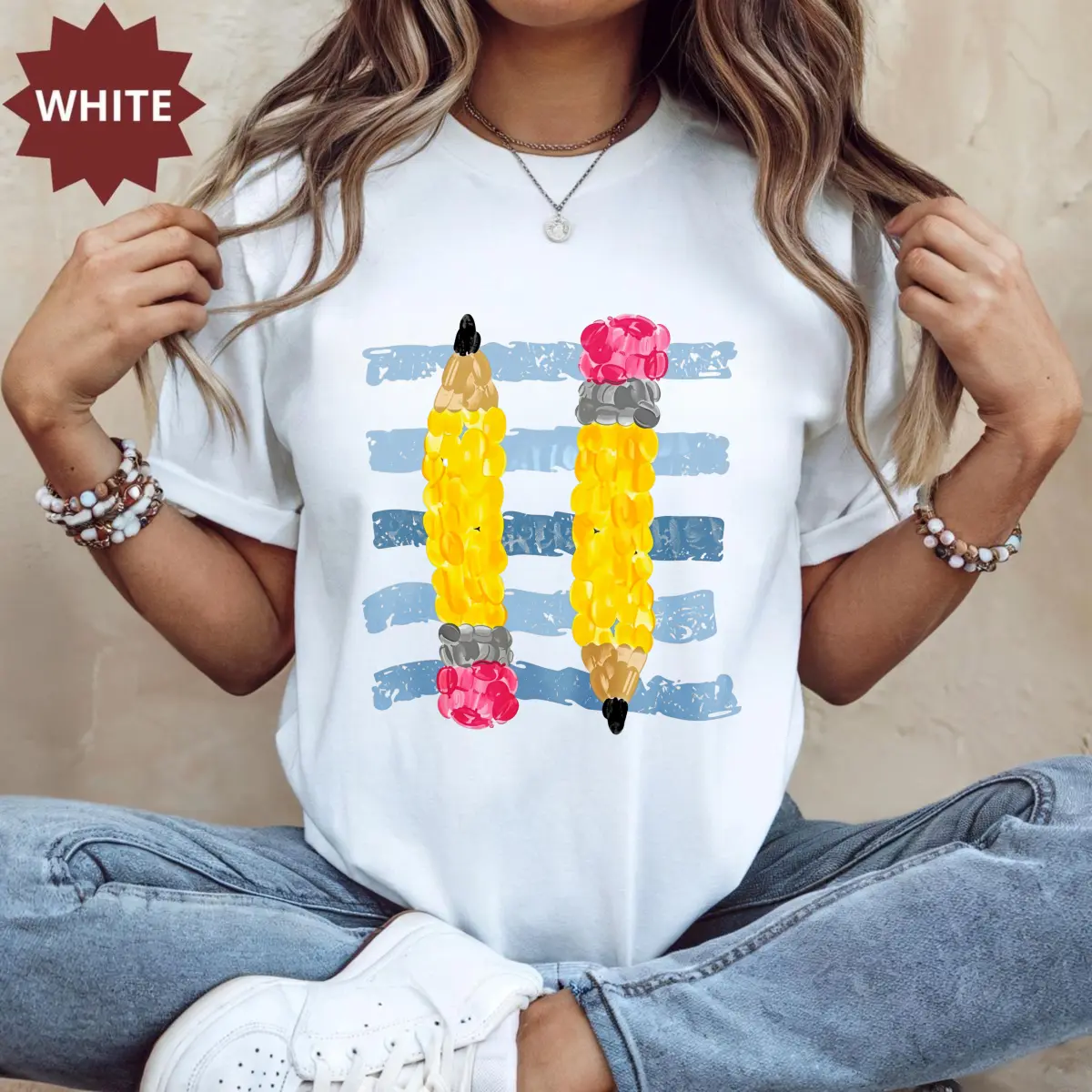Women's Short-Sleeve Casual Loose Back to School Teacher T-Shirt - Comfortable Fabric, Retro Pencil Graphic, Cute Alphabet Classroom Top, Kindergarten Prek Preschool Educator Gift