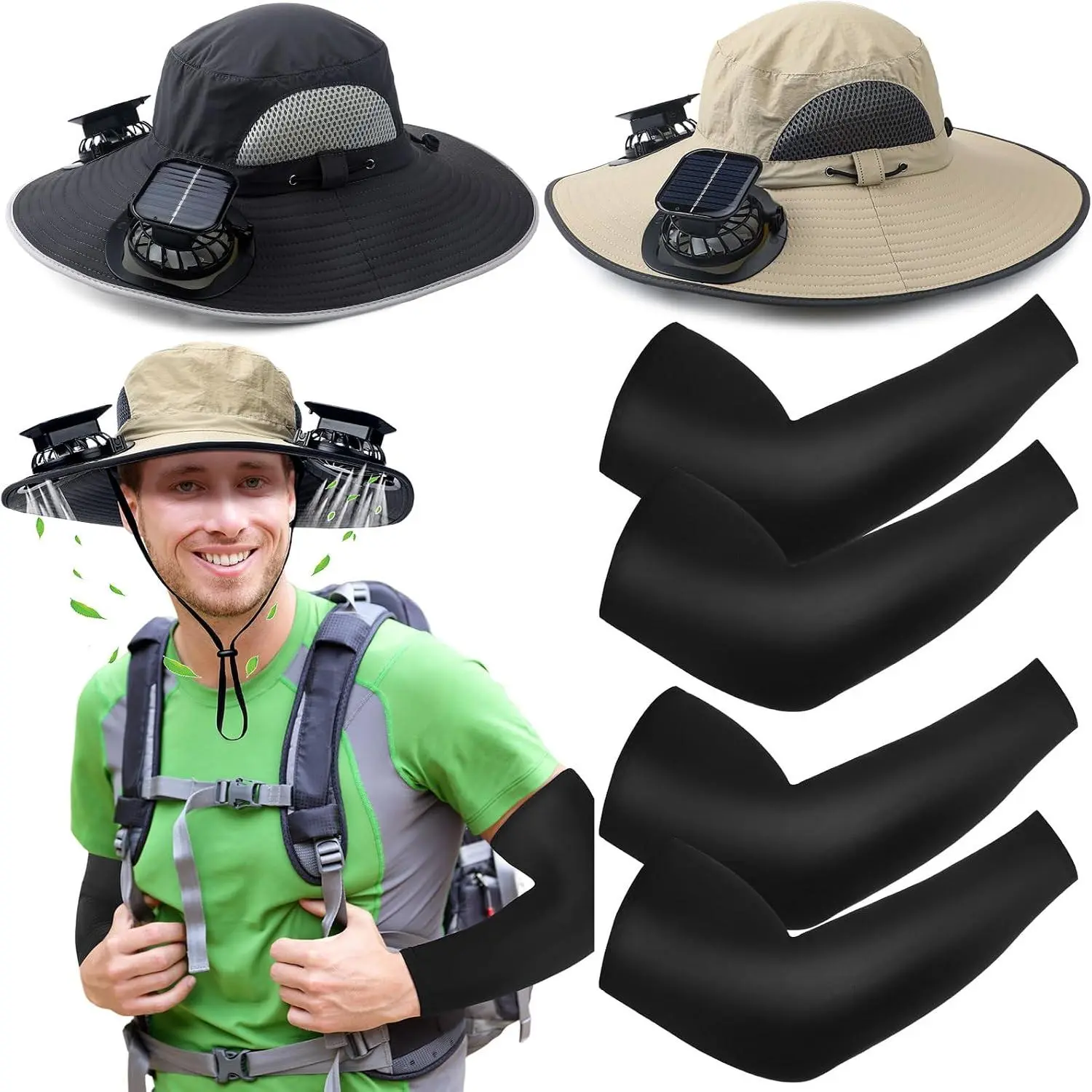 Unisex Adjustable Solar Fan Hat 2-Set with Dual Fans, Arm Sleeves, UPF50+ Wide Brim, Breathable UV Protection for Hiking, Fishing - Outdoor Sports Gear