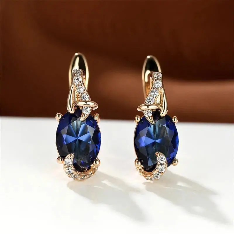 Big Oval Stone Blue Crystal Earrings Mystic Multicolor Zircon Clip Earrings Wedding Jewelry For Women
