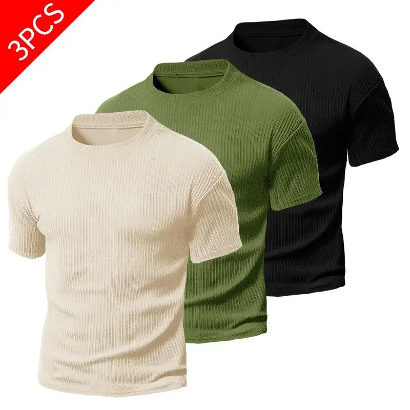 Men's 3-Pack Ribbed Texture Soft Cotton T-Shirts, Slim-Fit Cut Crew Neck, Short Sleeves Medium Length Casual Tops, Machine Washable Beige Menswear, Machine Wash, Solid Plain