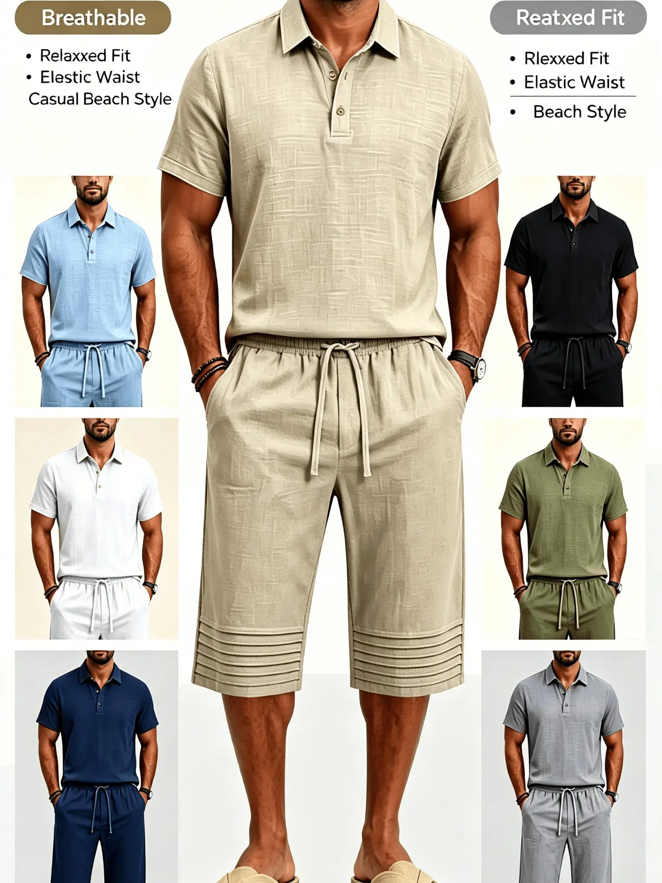 Summer men's linen Fabric casual loungewear loose Classic POLO short-sleeved seven-inch pleated shorts set, comfortable and breathable, suitable for daily leisure and commuting, beach and vacation outdoor wear, the perfect gift for your boyfriend