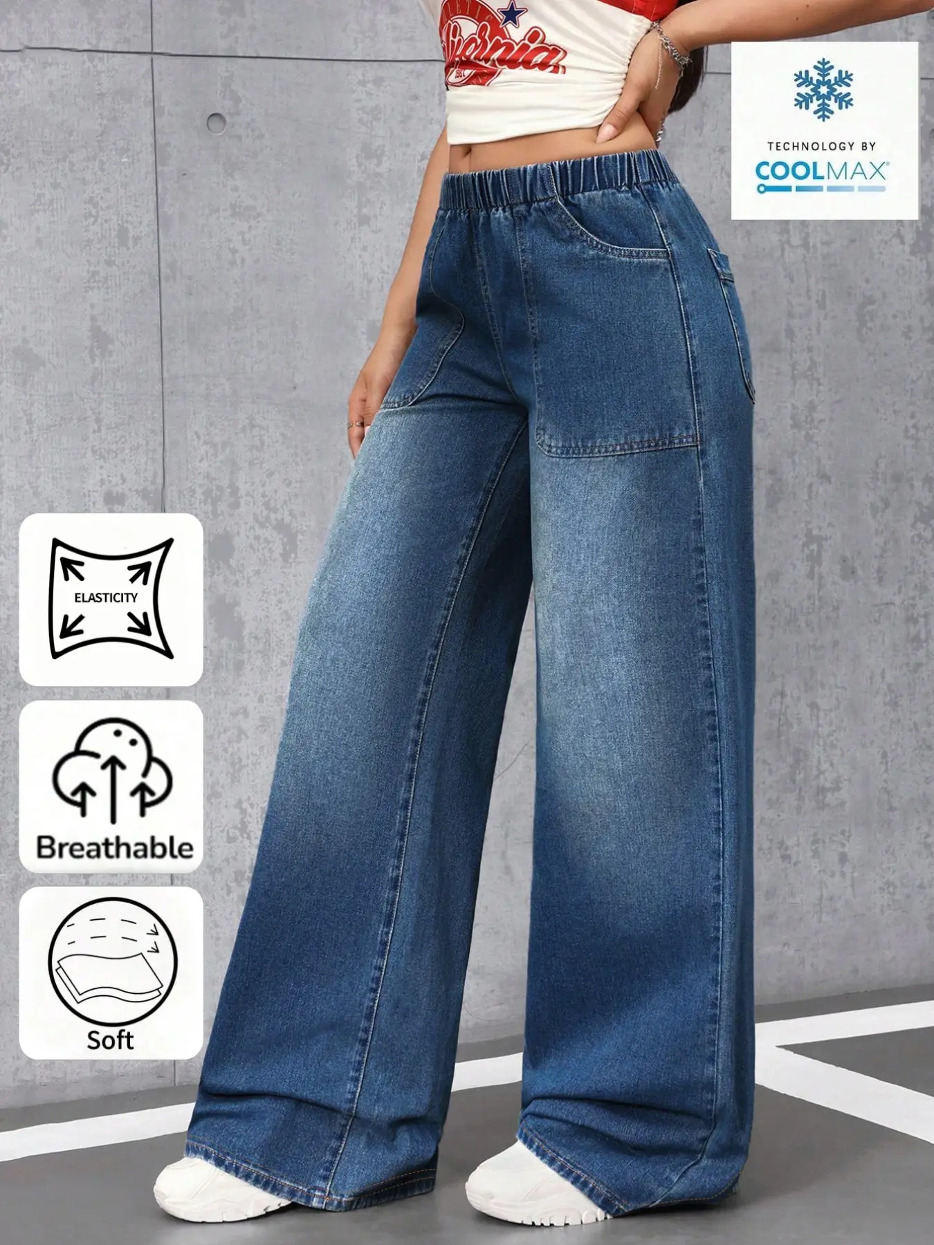 Nvfelix High Elastic Waist Retro Wide Leg Jeans for Women, Drawstring High Waist Slimming Large Pockets Floor-Length Pants, Casual Long Trousers