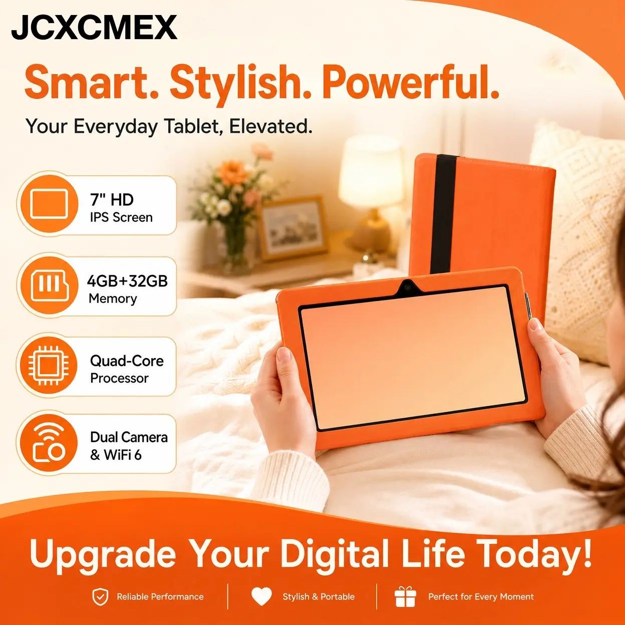 JCXCMEX，7 Inch，Android 14 Tablet, Quad-Core Processor, 4GB RAM, 32GB Storage, 3500mah Battery, IPS Display, Dual Cameras, Wi-Fi 6
