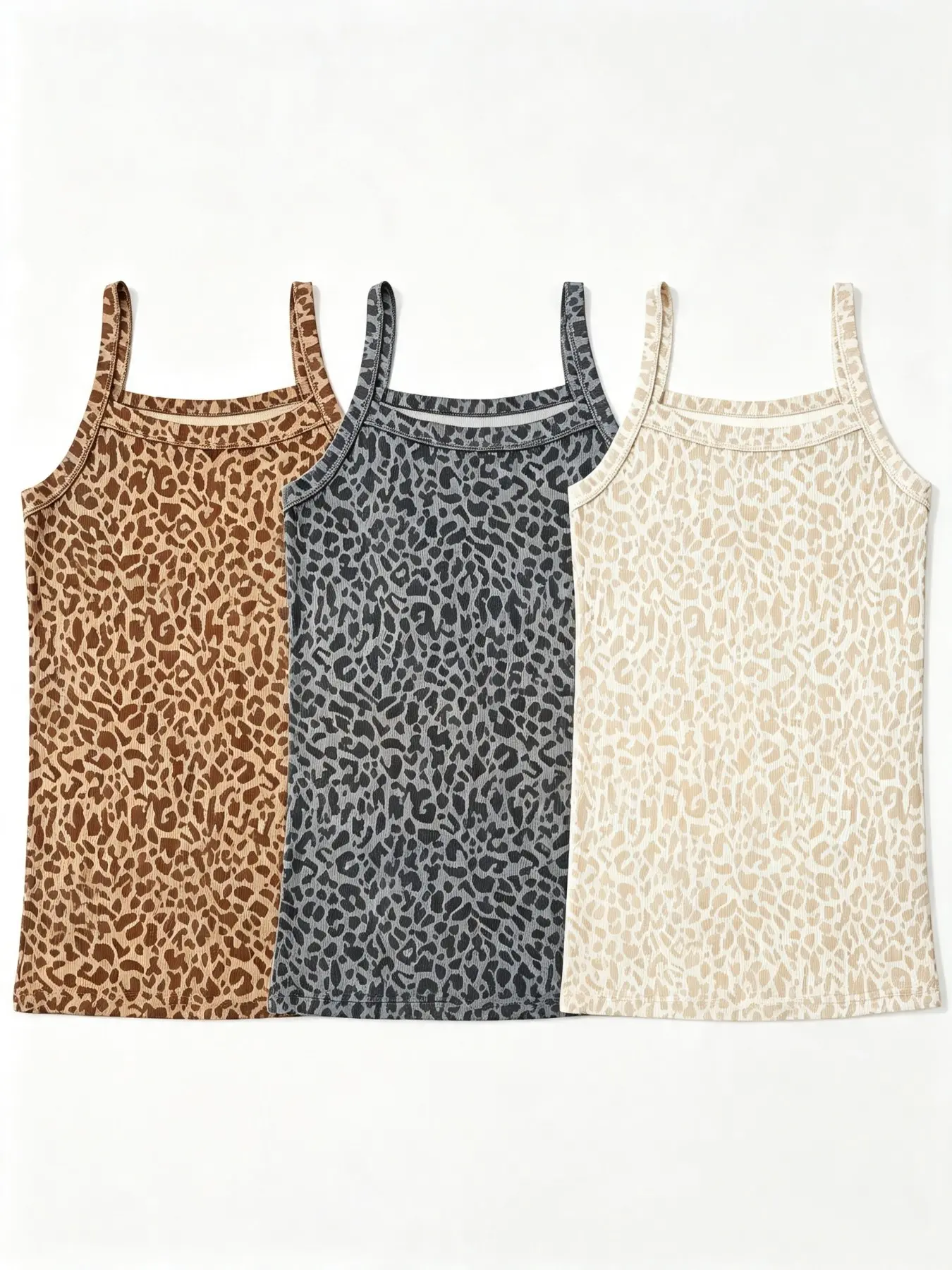 3 Pack Leopard Print Ribbed Cami Tank Tops, Women Summer Stretch Slim Fit Sleeveless Layering Vest Set