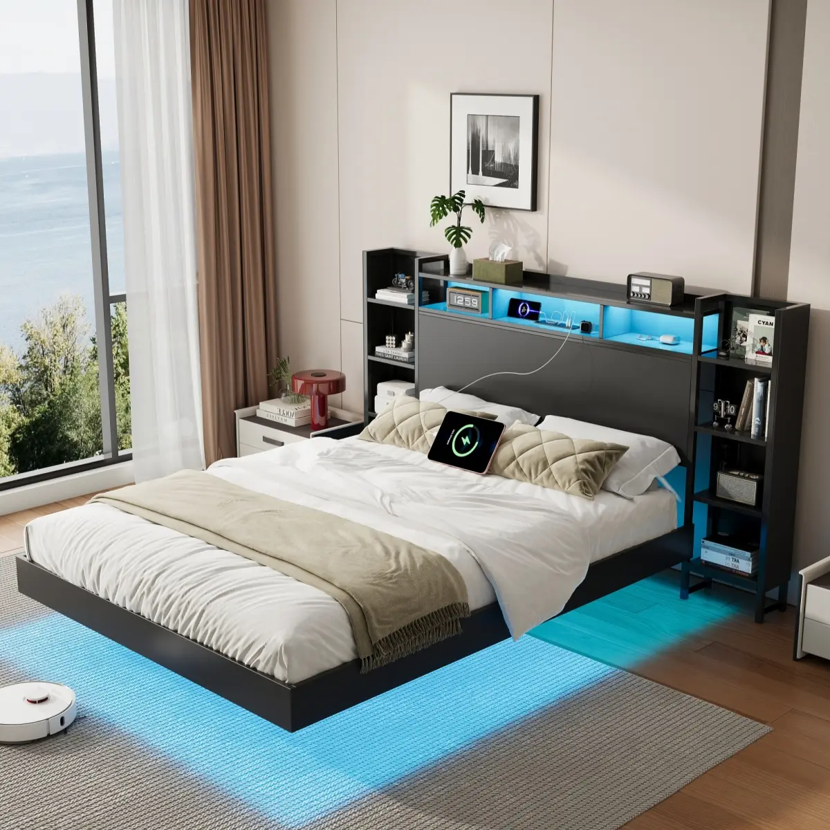 Heavy-Duty Black MDF + Metal Multi-Size Floating Storage Bed Frame (King/Queen/Twin) - LED Light, USB Port, Storage Headboard, Durable Construction, No Box Spring Needed, Assembly Required, Ideal for Modern Bedroom