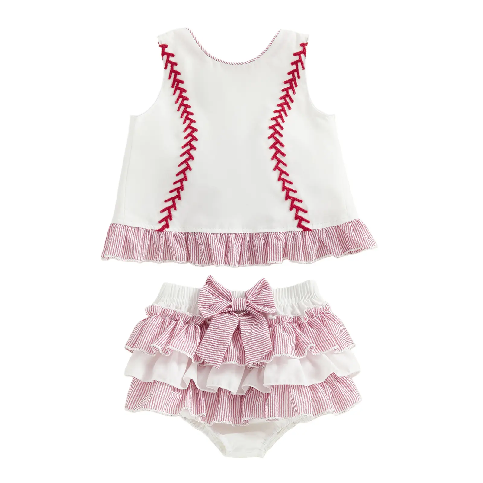[Mini Cloud] Baby Girls Baseball Clothing Set Fashionable Cute Ruffle Embroidery Tank Tops with Shorts 2Pcs Outfit