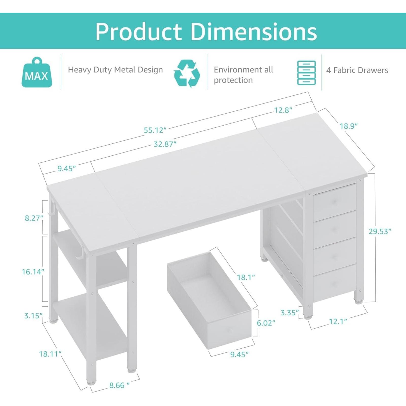 Lufeiya White Computer Desk with Fabric Drawers & Storage Shelves, 55 Inch Study Work Writing Desk for Home Office Bedroom, Simple Modern Cute PC Desks Table, White