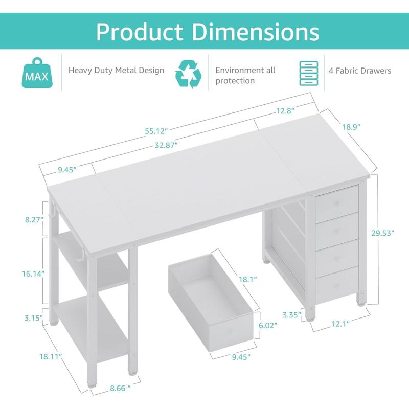 Lufeiya White Computer Desk with Fabric Drawers & Storage Shelves, 55 Inch Study Work Writing Desk for Home Office Bedroom, Simple Modern Cute PC Desks Table, White