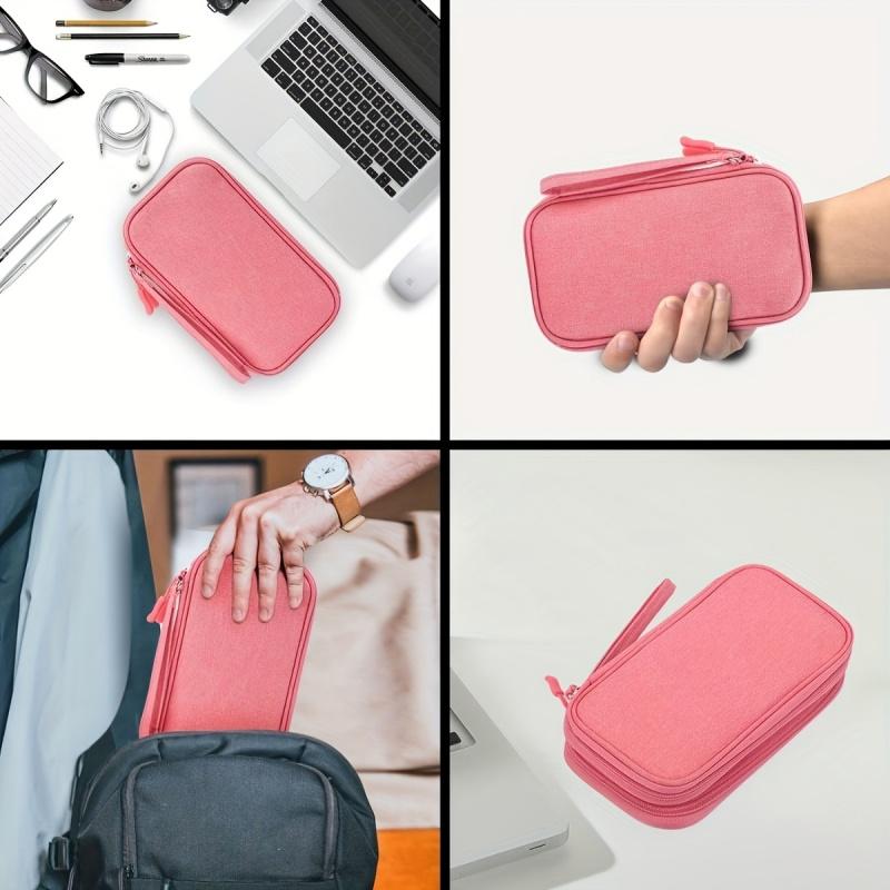 Three colors available Durable polyester portable cable storage bag - Multi-compartment travel tech accessory case, suitable for storing cables, chargers, and small items, can be hand washed or dry cleaned, pink/black/white/navy blue, mesh pocket organize